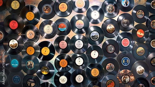 Big Collection of vinyl records. Assortment of vinyl LPs. Top view. Background. Concept of music diversity, vintage collection aesthetics, retro music, nostalgia, vintage audio