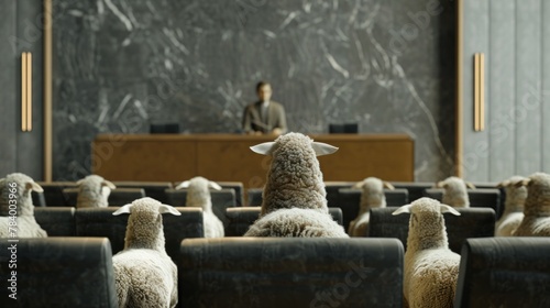 Man in Front of Sheep Facing Leadership Panel
