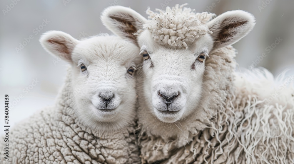   Two sheep face the camera in a snow-covered field One gazes directly, while the other looks away