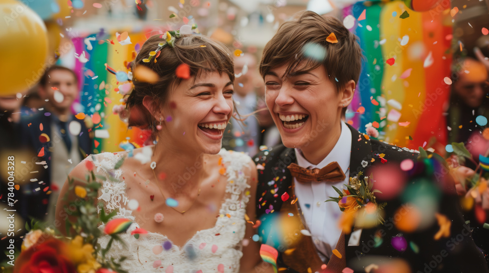 A lgbtq couple wedding ceremony in pride theme filled with love and happiness, love wins, pride month