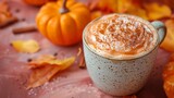   A tight shot of a coffee cup on a table, surrounded by autumn leaves and nearby pumpkins