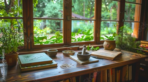 Tranquil workspace for a modern herbal practitioner. Sunlit wooden table with tools for preparing botanical remedies. Concept of homeopathy, phytotherapy, holistic wellness, and herbal medicine. photo