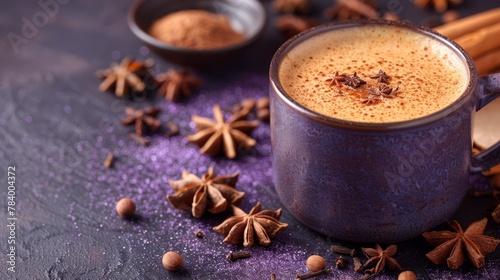  A cup of hot chocolate against a dark backdrop, garnished with cinnamon sticks and star anise, accompanied by free-floating cinnamon and star anise