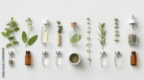 Homeopathy essentials, including glass vials of herbal extracts, medicinal herbs, mortar, pestle, and selection of homeopathic remedies, on a white backdrop. Flat lay. Alternative medicine