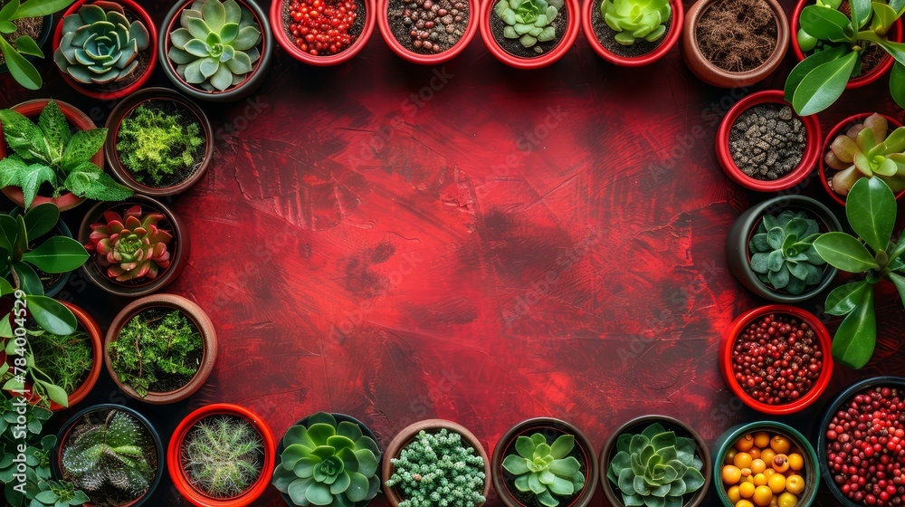   A collection of potted plants arranged before a red backdrop, ready for a photograph