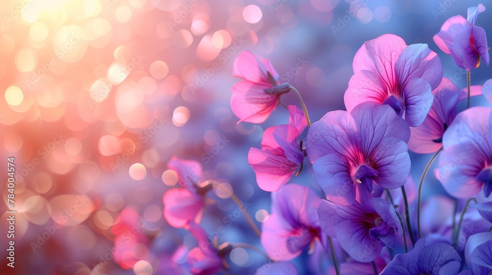 A scene featuring a multitude of pink and purple blooms against a backdrop of soft blue and pink hues, with a gently blurred light source illuminating the foreground A scene featuring a multitude of pink and purple blooms against a backdrop of soft blue and pink hues, with a gently blurred light source illuminating the foreground