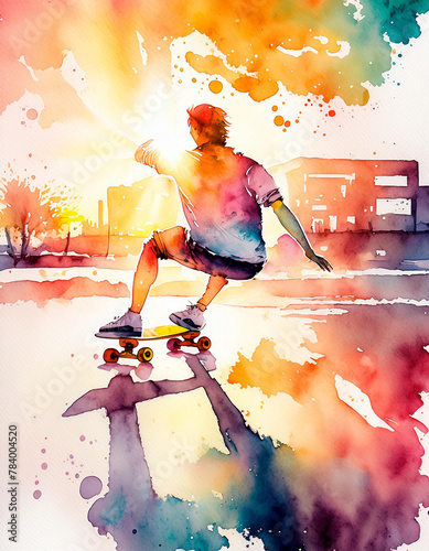 A vibrant watercolor of a skater at sunset, with expressive urban splashes © homydesign