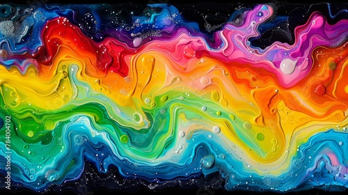   A multicolored wave of liquid against a black backdrop features a white dot in its center