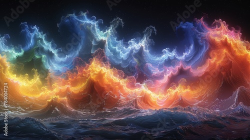   A painting depicting a wave  dominated by vibrant orange and blue swirls in its center
