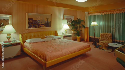 Retro motel. Hotel interior. 1970`s vibes