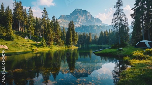 A magazine shows a picture of a mountain in a forest. A green meadow and a camp tent are next to a lake. It's like it's a 3D picture. Travel and camping are the main ideas.