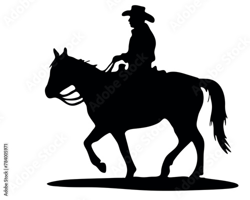 Black and white vector flat illustration: Barrel racing western horse and rider silhouette