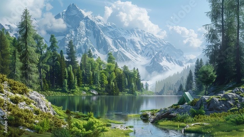 A magazine shows a picture of a mountain in a forest. A green meadow and a camp tent are next to a lake. It's like it's a 3D picture. Travel and camping are the main ideas. © Suleyman