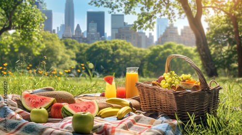 A picnic basket is set up in a city park. There's a blanket on the grass with healthy food, like apples, bananas, watermelon, and juice. The view is amazing!