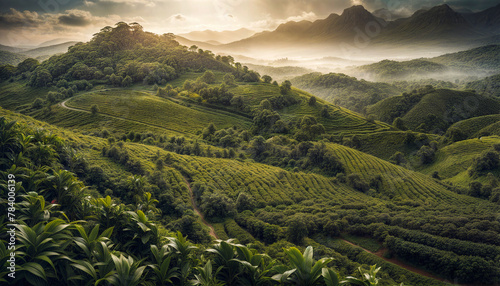 Coffee plantation. High mountain coffee plantation. Fantastic mountain landscape