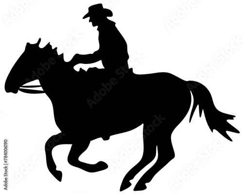 Black and white vector flat illustration: Barrel racing western horse and rider silhouette