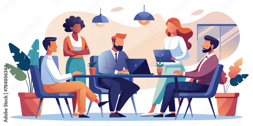 Flat vector cartoon: diverse group leads business meeting at table.