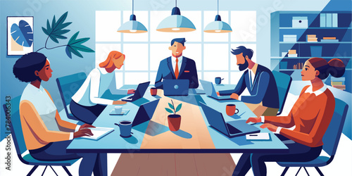 Flat vector cartoon: diverse group leads business meeting at table. 