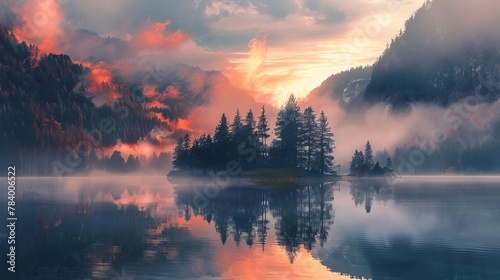 A serene mountain lake with fog and reflected sunset hues. A nearby traffic trail adds contrast to the tranquility.