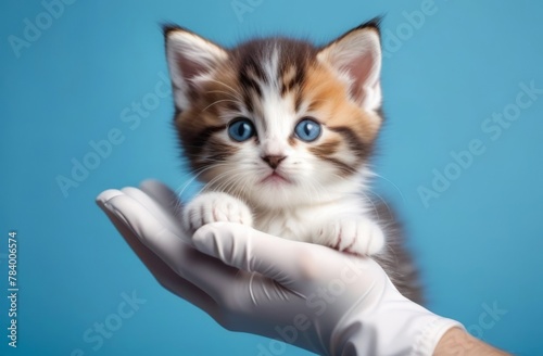Kitten vet examining. Striped gray cat in doctor hands on color blue background. Kitten pet check up, vaccination in veterinarian animal clinic.Health care domestic animal.Long Web banner Copy space © Ирина Сергеенкова