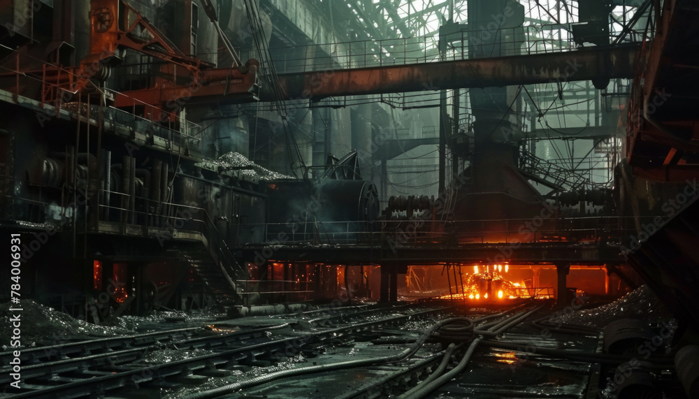 Melting metal in a foundry furnace. Industrial metal rolling, steel production and processing.