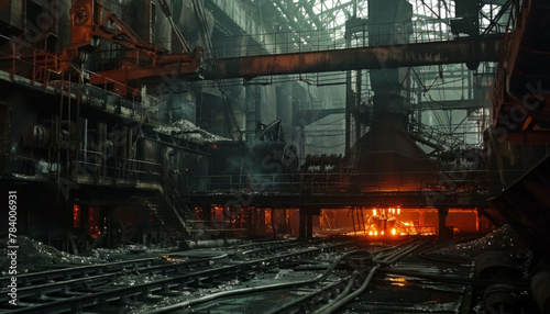 Melting metal in a foundry furnace. Industrial metal rolling, steel production and processing. photo