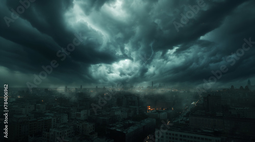 A terrible hurricane is approaching the city  dark clouds and sky  cinematic scene  epic scene.