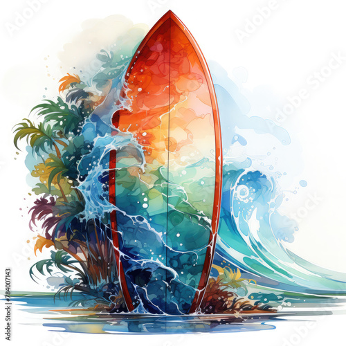 Watercolor Colorful Surfboard Illustration, Generative Ai
