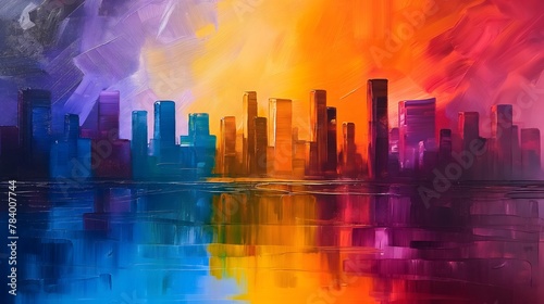 Minimalistische Skyline mit Wasserreflexion  kubistisch aus dickem Acryl  bunt  Konzept farbenfrohe Skyline