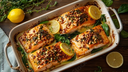   A plate of salmon, garnished with lemons, herbs, and seasoning, sits on the table Nearby, a lemon wedge is placed as a accompaniment photo