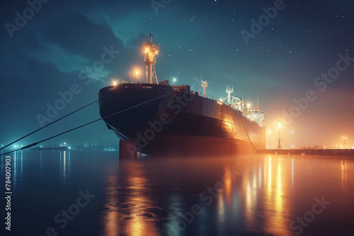 An unloaded cargo container ship rests peacefully at sea harbor port in calm waters at night AI Generative