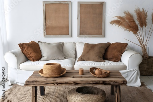 Rustikaler Couchtisch neben weißem Sofa mit braunen Kissen an der Wand mit zwei Posterrahmen. Boho-ethnische Innenarchitektur des modernen Wohnzimmers photo