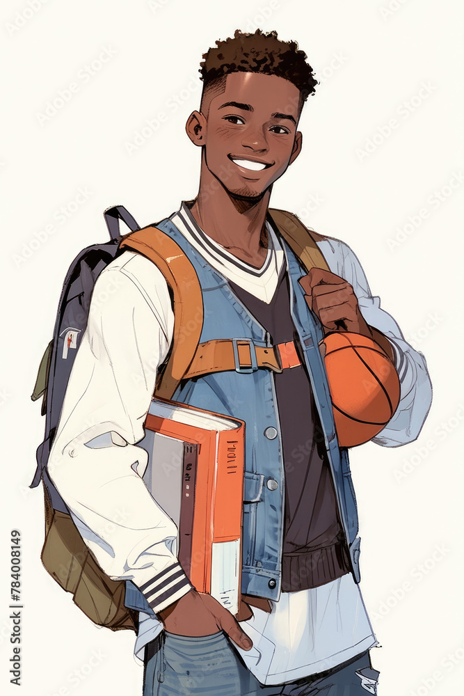 graphic illustration of young smiling african american student with books and backpack in front of a neutral background graphic illustration of young smiling african american student with books and backpack in front of a neutral background