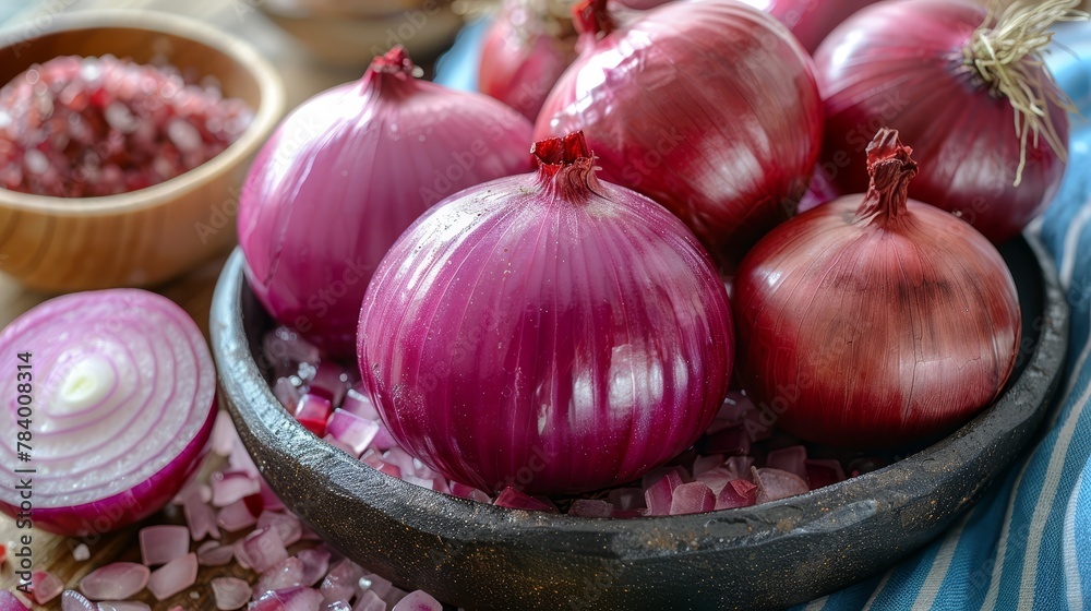   A wooden bowl holds red onions Nearby, another bowl is filled with similar onions A third contains onion seasoning