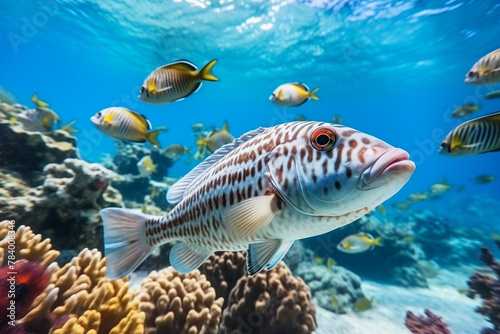 brown fishes spotted close-up in tropical sea underwater coral reef