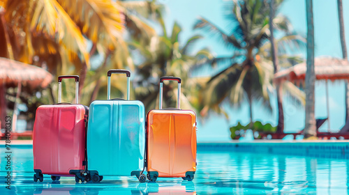 Three bright suitcases by the pool. AI. © Alex Alex