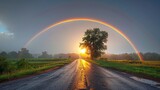   A few rainbows arc above a dirt road, where a solitary tree stands beside it