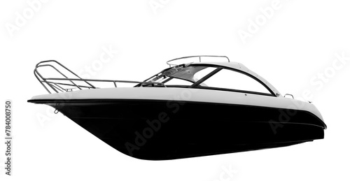 A black boat with a white top is shown on a white background. The boat is sleek and modern, with a long, narrow shape photo