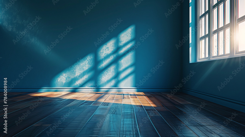 a room with a blue wall and a wooden floor