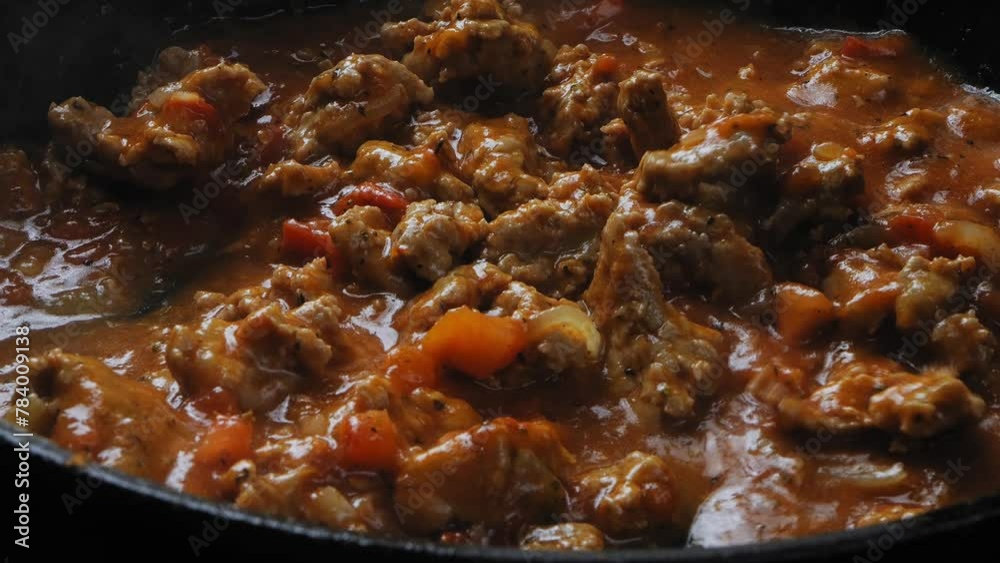 minced beef with bolognese spices are mixed in a frying pan with a wooden spatula. Medium plan.