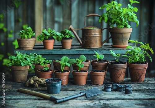 Gartengeräte und Setzlinge auf einem alten Holztisch, Erde und Pflanzen, Gemüsegarten, Konzept Gartenarbeit im Frühling