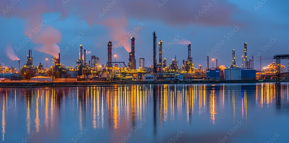 Fototapeta premium Industriepark mit einer Ölfabrik und einem Hafen davor, beleuchtet durch Lichter, Schornsteine, aus denen Dampf austritt, oder leichte Wolken aus Gebäuden, Spiegelung im Wasser, Konzept Industrie
