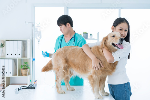 Examining pet in clinics concept. Golden retriever is getting vaccination by the veterinarian.