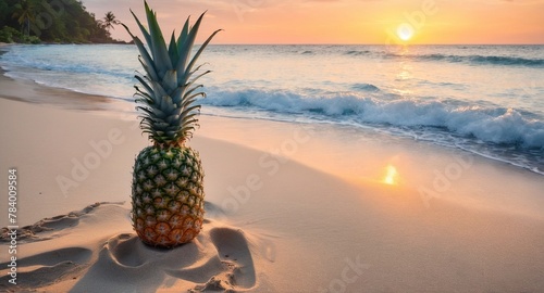 Pineapple on exotic sand beach at sunrise light  sea background.