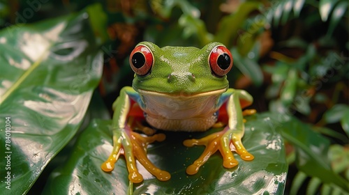  A red-eyed tree frog perches on a green leaf, speckled with rainwater, gaze directed at the camera