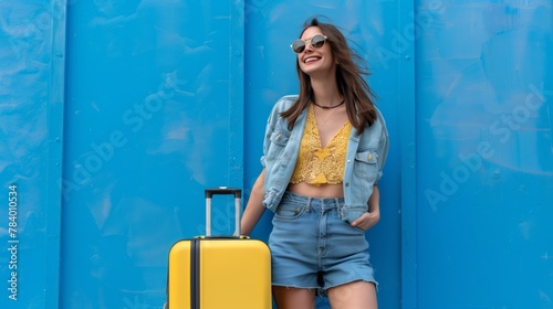 The bright sun plays on the face of a happy traveler who, with a smile on her lips, is preparing for her next vacation, fully charged with energy and optimism. With a suitcase next to me. High quality photo