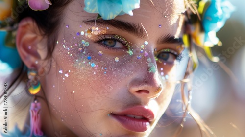 Primo piano di ragazza con crystal make-up, stile Coachella photo