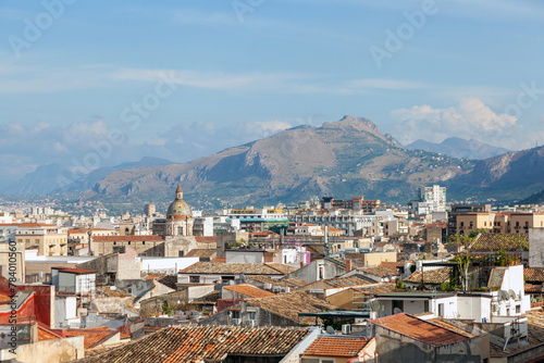 Palermo cityscape, Sicily, Italy. The vast urban landscape of Palermo unfolds under the watchful eye of the Sicilian mountains, a harmonious blend of nature and architecture