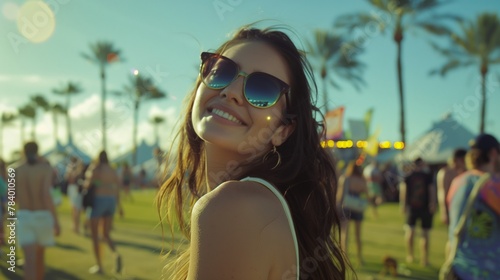 Happy girl at music Festival with sunglasses, Coachella style photo