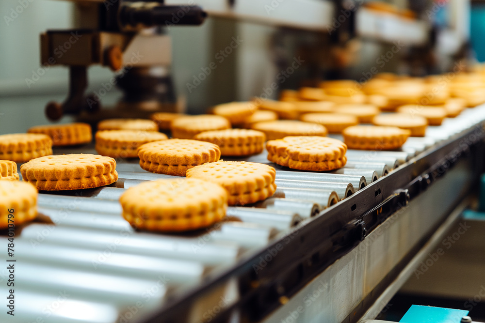 conveyor for production of crumbly round sweet biscuits, selective focus conveyor for production of crumbly round sweet biscuits, selective focus